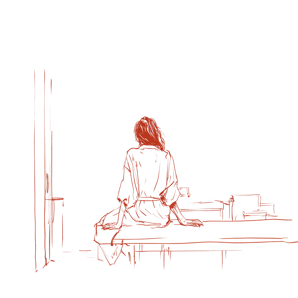 Editorial illustration of a woman with Greta on her phone, prepared for her doctor's appointment.